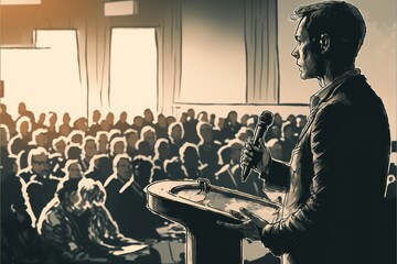 Fototapeta na wymiar Inspiring Leadership: Dynamic Speaker Captivates Audience at Business Conference