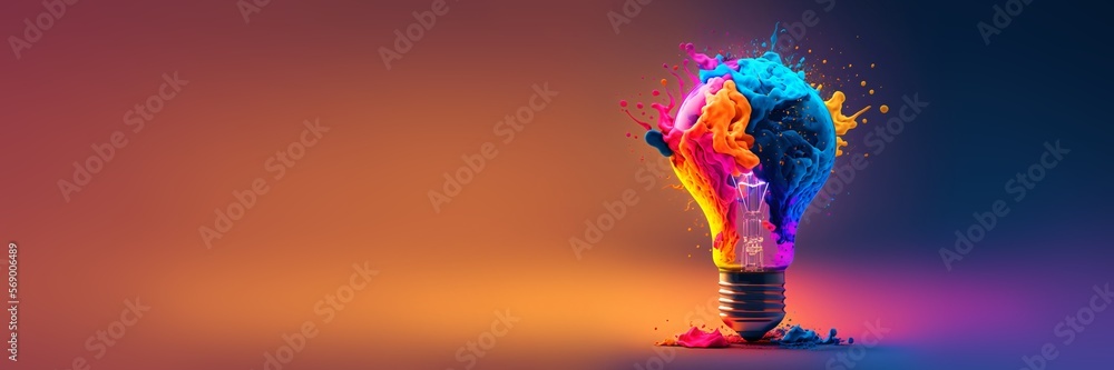Wall mural a colorful glowing idea bulb lamp banner, visualization of brainstorming, bright idea and creative t