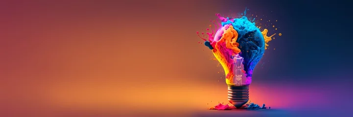 a colorful glowing idea bulb lamp banner, visualization of brainstorming, bright idea and creative thinking, copy space, generative ai © CROCOTHERY