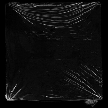Wrinkled plastic wrap texture on a black background wallpaper.  Royalty high-quality free stock photo image of realistic plastic wrap for overlay, copy space and photo effect. Wrinkled plastic surface