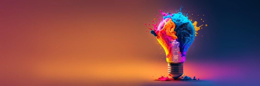 a colorful glowing 3d idea bulb lamp banner, visualization of brainstorming, bright idea and creative thinking, copy space, generative ai