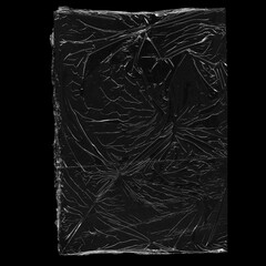 Wrinkled plastic wrap texture on a black background wallpaper.  Royalty high-quality free stock photo image of realistic plastic wrap for overlay, copy space and photo effect. Wrinkled plastic surface