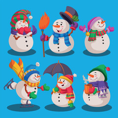 Set of winter holiday snowman cartoon collection. Cheerful snowman in different costumes.