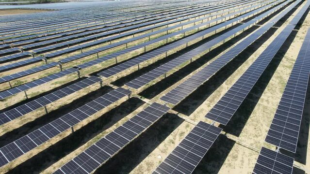 Drone Footage Of Solar Farm With Single Axis Tracker Low Fly By