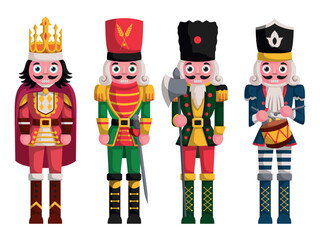 flat army nutcracker vector drawing illustration set design Classic Christmas cartoon style four wooden gifts soldier doll decoration toy