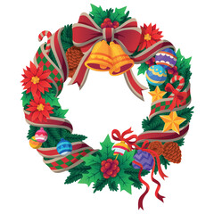 Christmas wreath with red ribbon and ribbon. The garland decorated with pine branches looks realistic, with decorations of berries, pinecones, stars, flowers and lights