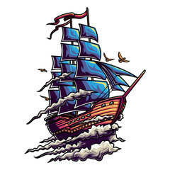 vector illustration of a sailing ship flying above the clouds.