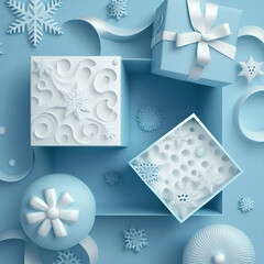 Blue and white Christmas background with gift boxes in paper cut style. Generative AI