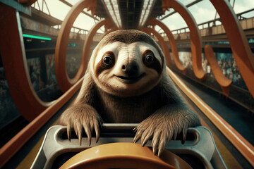 Naklejka na ściany i meble Sloth Influencer. Photograph of Sloth at a rollercoster. Illustration