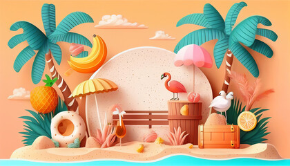Summer vacation 3d cute background with surfing board ball beach sun clouds and coconut tree. Generative AI