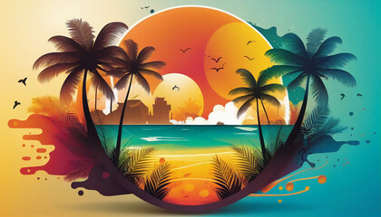 Fototapeta na wymiar Summer landscape background with sunset beach scene. Generative AI