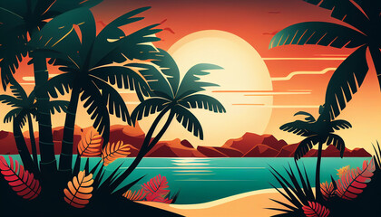 Fototapeta na wymiar Summer landscape background with sunset beach scene. Generative AI