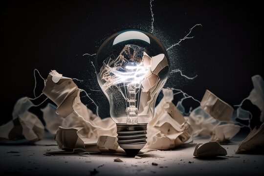 Lightbulb explosion due to overload. Great ideas make lightbulbs explode. Concept. Generative AI