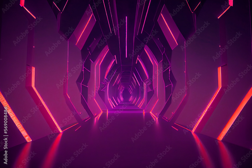 Poster corridor spaceship futuristic sci-fi tunnel passageway with glowing shiny neon lights ,futuristic sc