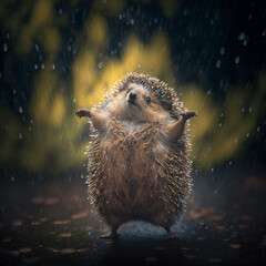 Hedgehog Influencer. Photograph of Hedgehog dancing in the rain. Illustration