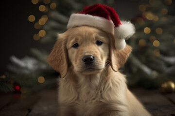 dog, in hat, retriever, golden, pet, animal, golden retriever, canine, cute, puppy, white, christmas, labrador, breed, sitting, portrait, isolated, domestic, friend, pedigree, mammal, happy, purebred,