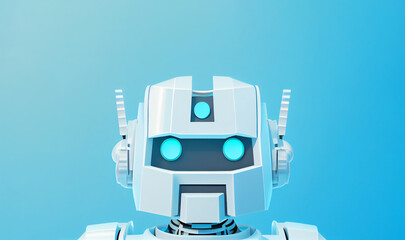 3d white friendly robot head on blue background. Generative AI.