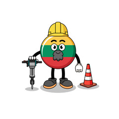 Character cartoon of lithuania flag working on road construction