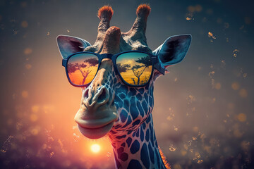 giraffe wearing reflective sunglasses in the sunset