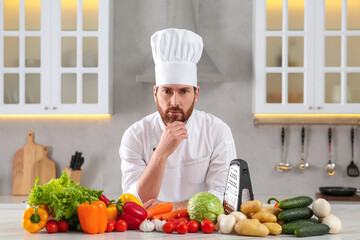 Portrait of thoughtful chef near vegetables at table in kitchen