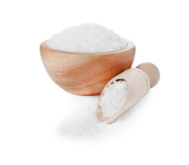 Wooden bowl and scoop with natural sea salt isolated on white
