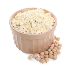Chickpea flour in bowl and seeds isolated on white