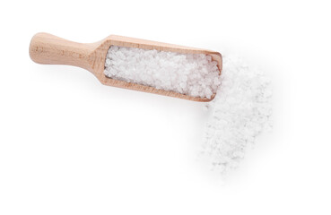 Wooden scoop with natural sea salt isolated on white, top view