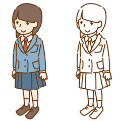 前髪パッツンの女子学生が起立しているベクターイラスト 線画と色付き ブレザーとスカート