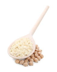 Spoon of chickpea flour and seeds isolated on white