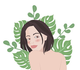 Flat style brunette girl with rouge. Background with adam ribs and monsteras leaves and green round leaves. Vector illustration isolated on white background.