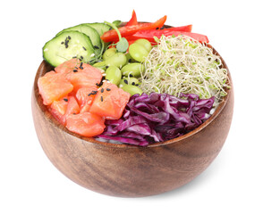 Delicious poke bowl with vegetables, fish and edamame beans on white background