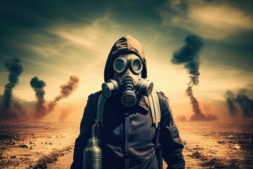 Man with gas mask in the apocalypse world. Digital illustration generative AI - obrazy, fototapety, plakaty