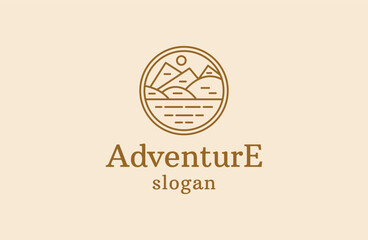 Mountain, Sea Ocean Wave and Sun Adventure Outdoor Traveling logo design