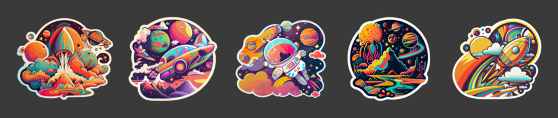 Cartoon psychedelic retro space sticker flat style on black background. Space set of bright stickers. Rocket, astronaut, space, planet. Surreal art bright illustration. Vector illustration © marikova