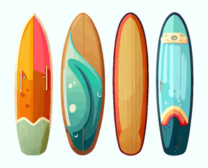 Cartoon Set of surfboards with various bright and unusual patterns. Various surf tables, surfboard collection isolated on white background. Flat style. Cartoon vector illustration