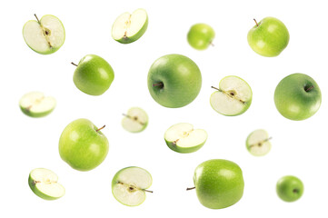 Falling green apples on white background