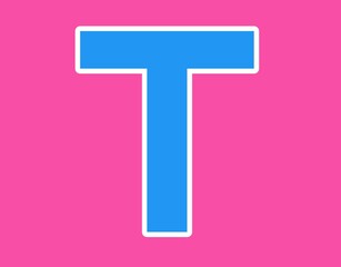 Letter T alphabet uppercase sign design template element. Blue icon at magenta background.