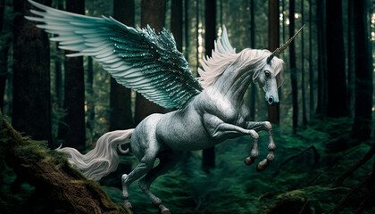 Beautiful mythical unicorn in a forest created with Generative Ai technology