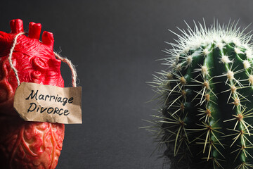 Model of heart with card Marriage Divorce and cactus on grey background, closeup. Space for text