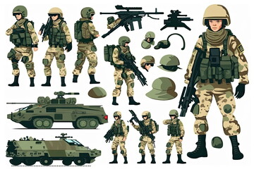set of army action,cartoon soldier, white background, Made by AI,Artificial intelligence