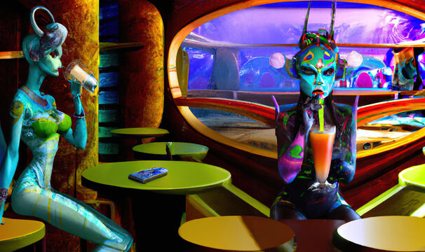 Alien ladies enjoying drinking cocktails in a bar on a planet in outer space. Generative AI sci-fi art style illustration.