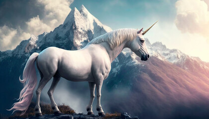 Naklejka na ściany i meble Beautiful mythical unicorn on a mountain created with Generative Ai technology