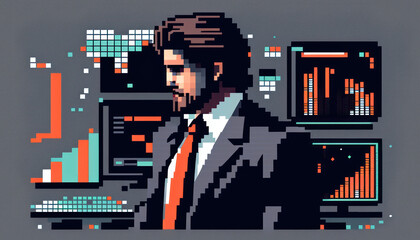 Pixel art of business man trading stock market background. Financial concept. Generative AI