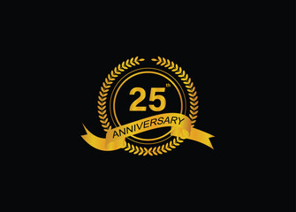 25th golden anniversary logo with ring and ribbon, laurel wreath vector design isolated on black background.