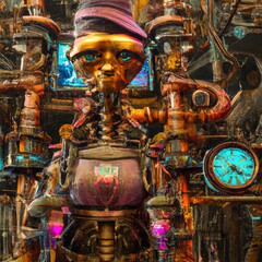 Fototapeta premium Copper steampunk robot working in an engine or boiler room with pipework and dials in the background. Generative AI art style illustration.