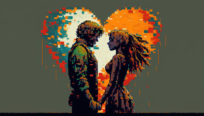 Pixel art of heart and couple with pastel color background. Love and valentine day concept. Generative AI