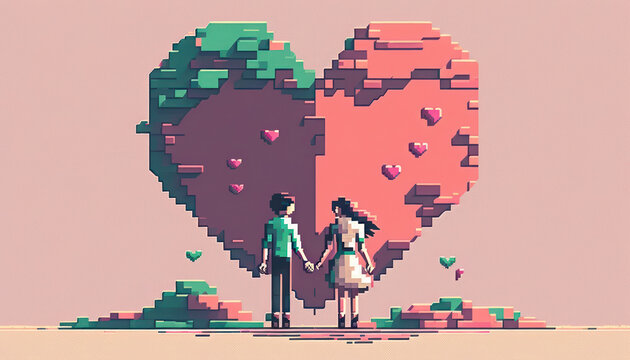 Pixel art of heart and couple with pastel color background. Love and valentine day concept. Generative AI