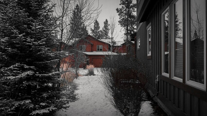 Red house in the snow