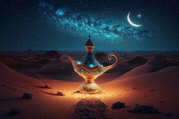 Magic lamp with genie in the desert at night. Generative AI - obrazy, fototapety, plakaty