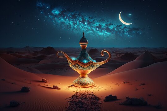 Magic lamp with genie in the desert at night. Generative AI